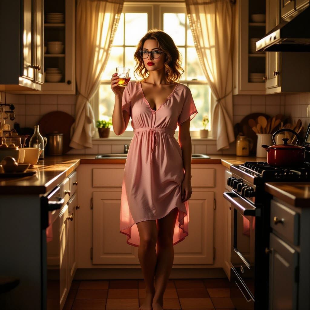 Woman in Kitchen with Dramatic Lighting