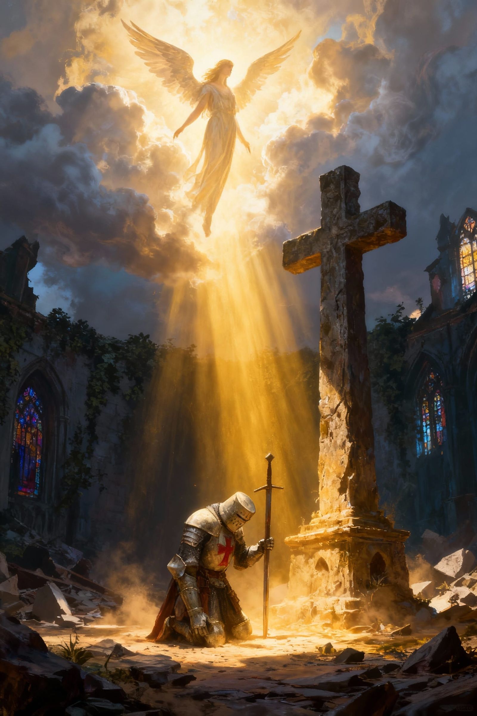 Templar Knight Praying Under Angelic Light in Epic Fantasy S...