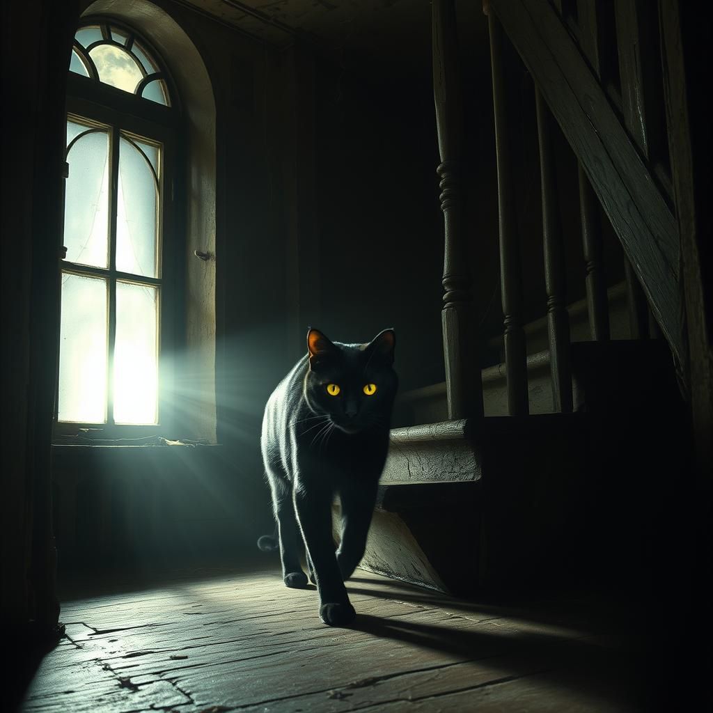 A black cat walking under a staircase at a full moon