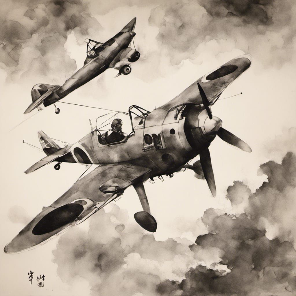 Ink Wash Painting of Pilot on Mulberry Paper