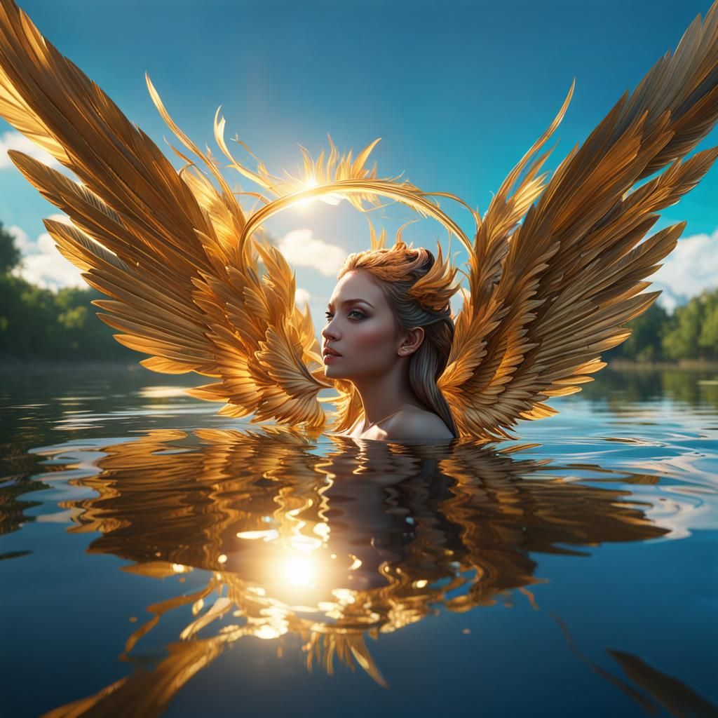 Hyperrealistic Angel Reflection on River, Digital Art