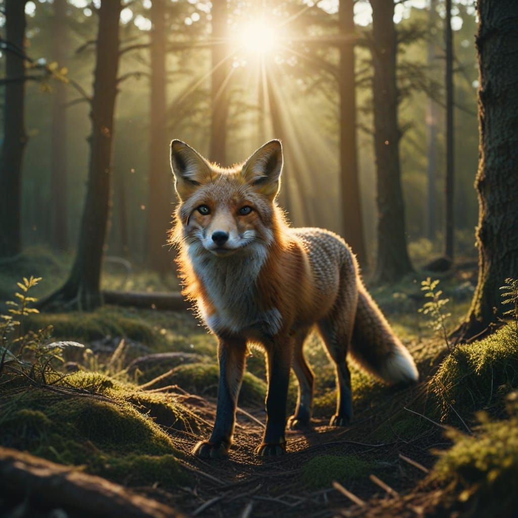 Fox Walks in Forest with Star, Cinematic Film Still