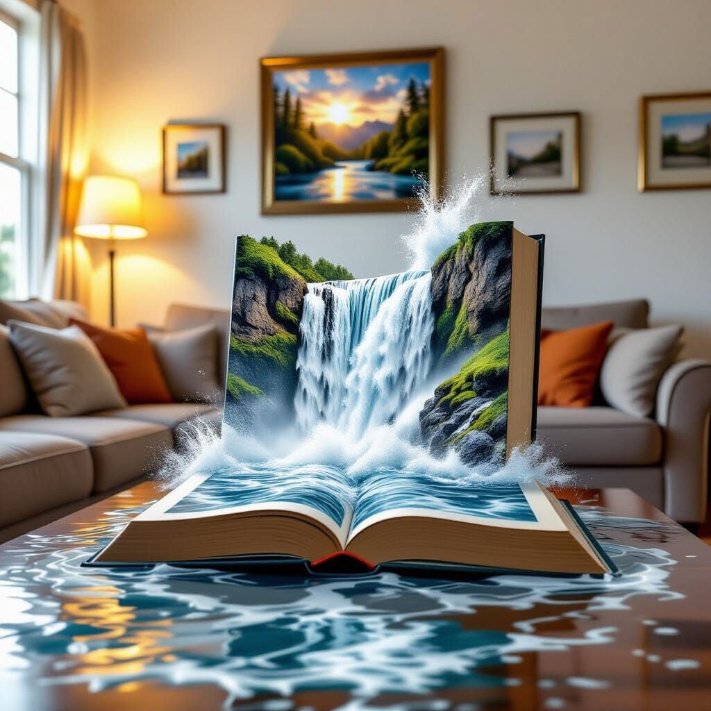 Surreal Waterfall Book Creates Living Room Flood