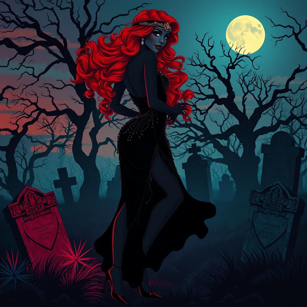 Moonlit Graveyard Silhouette in Art Deco Style