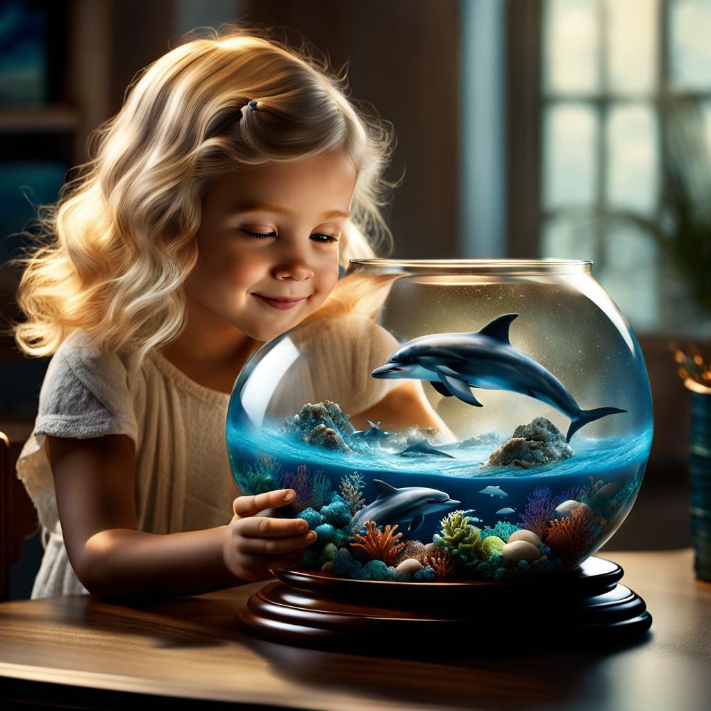 Child and Miniature Dolphins in Stormy Ocean Diorama