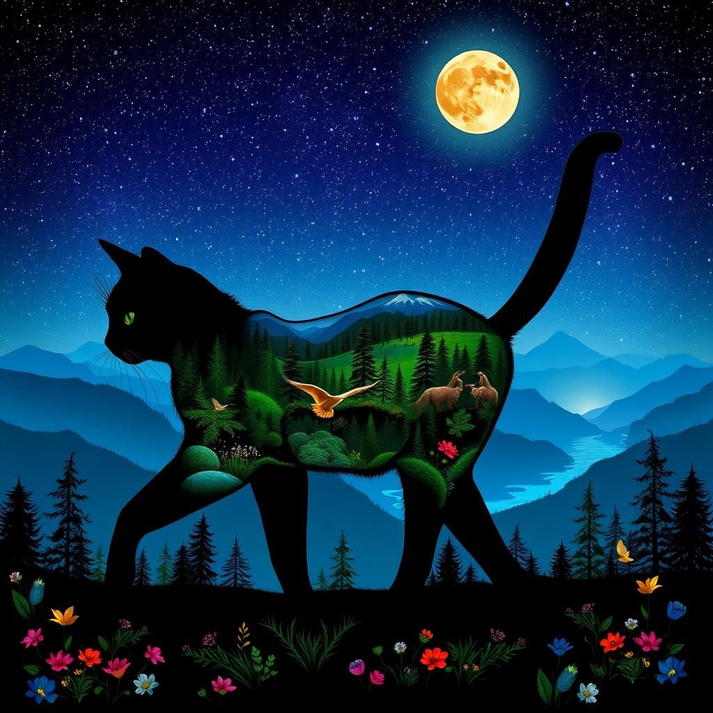 Silhouette Cat in Starry Landscape, Digital Art