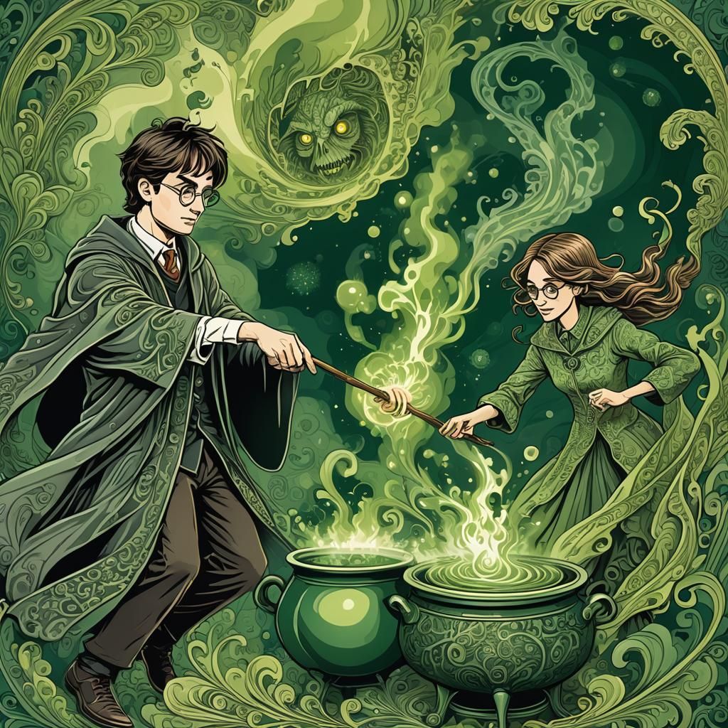 Harry Potter vs Witch in Cauldron, Zentangle Illustration
