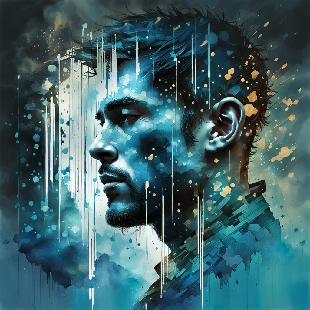 Blue Matrix Silhouette: Digital Watercolor Art