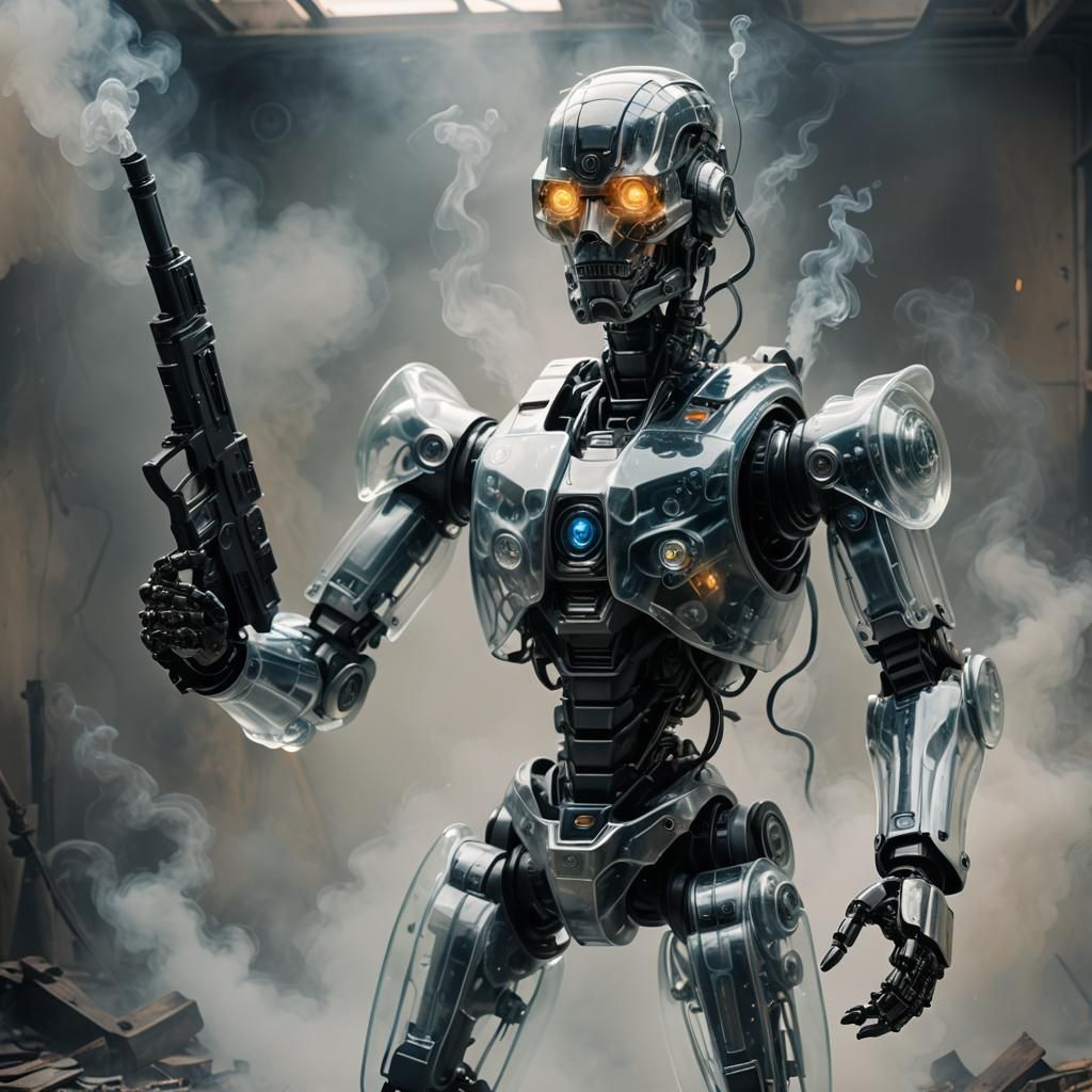 Glass Robot Grasping AR15 in Steampunk Style