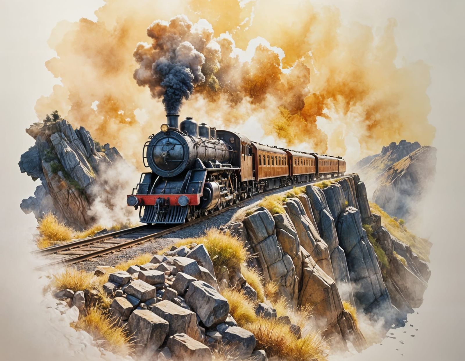 Steam Train at Twilight: Minimalist Watercolor Art