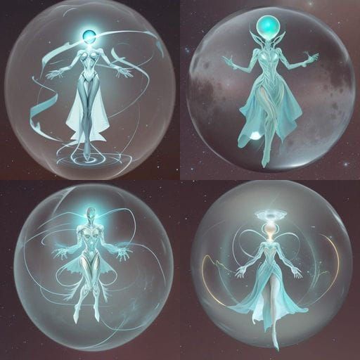 Surreal Alien Levitates Within Celestial Orb at Night