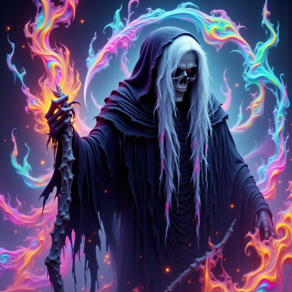 Surreal Grim Reaper in Neon Holographic Flames