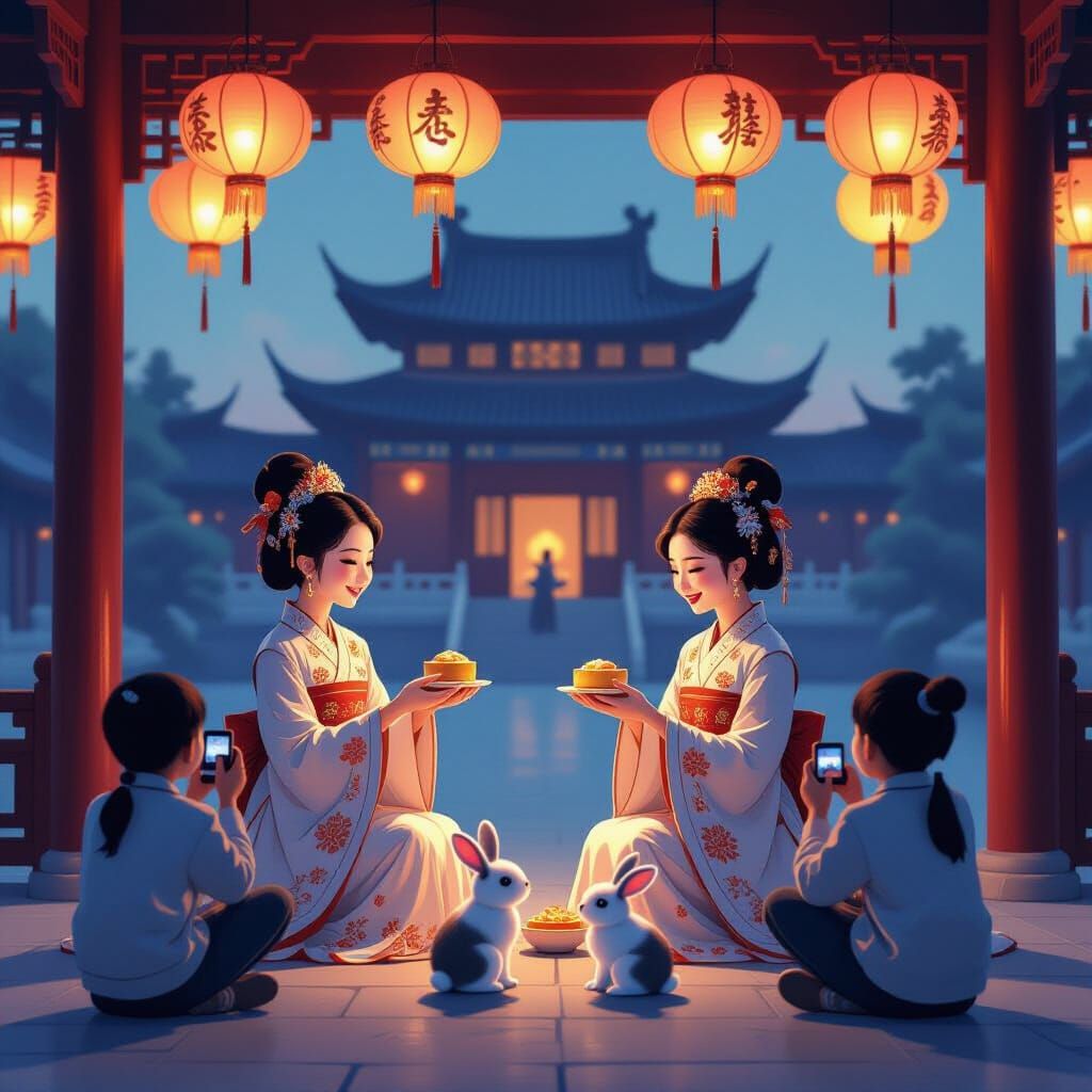 Ancient Chinese Palace Illuminated by Lanterns at Twilight