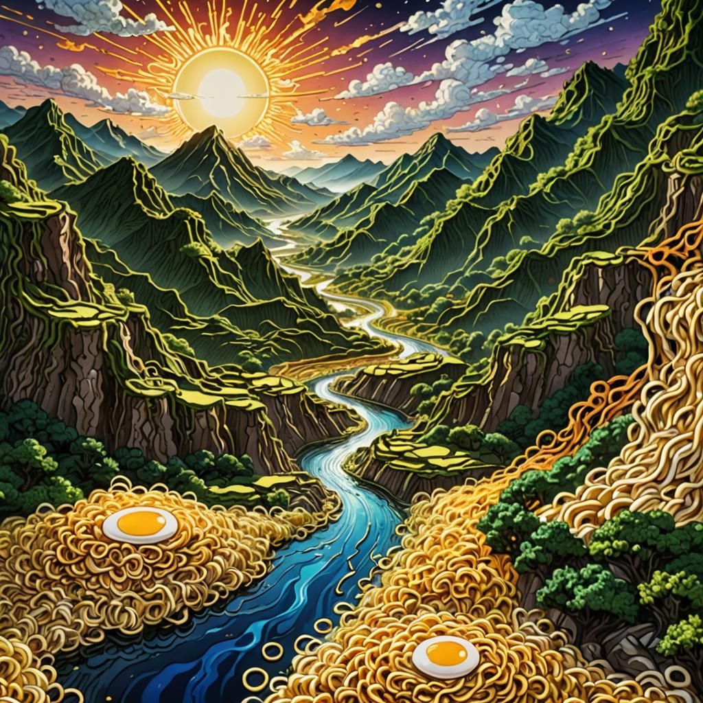Hyperrealistic Ramen Noodle Food Landscape in 8K