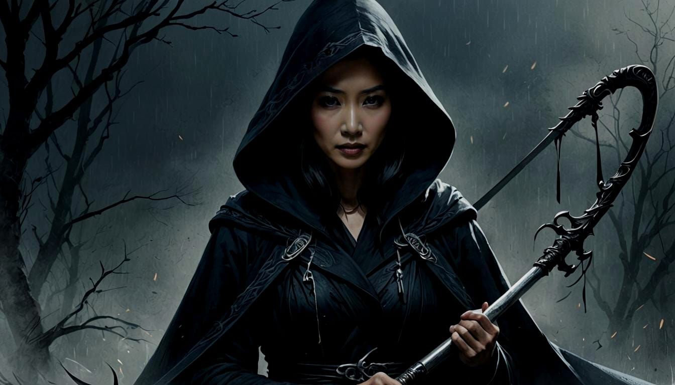 Asian Woman as Grim Reaper in Cinematic Style