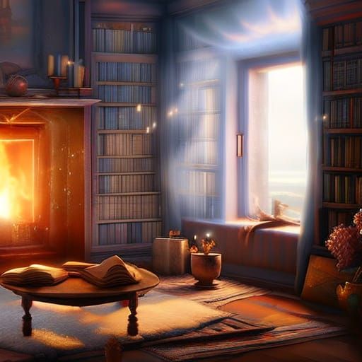 Heavenly View from Cozy Living Room, Digital Art