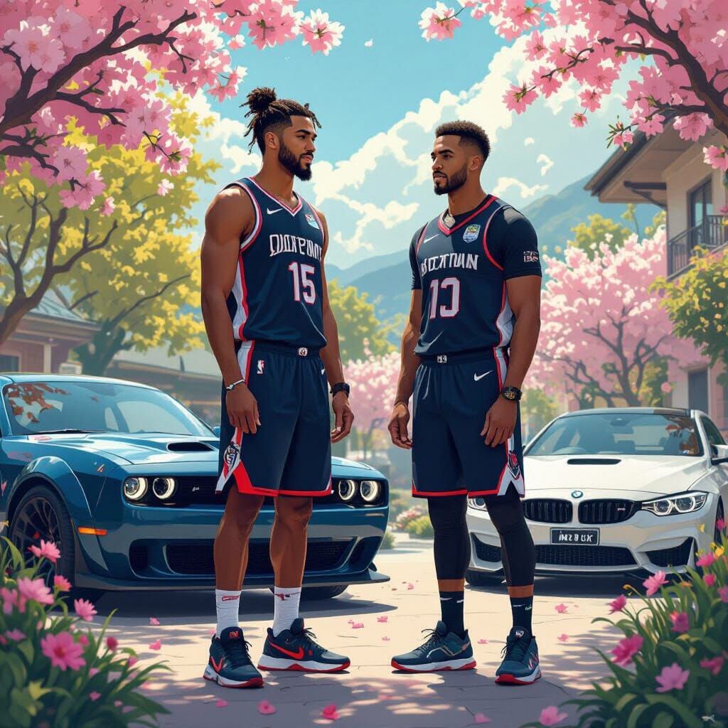 Basketball Star with AFL Player in Spring, Digital Art