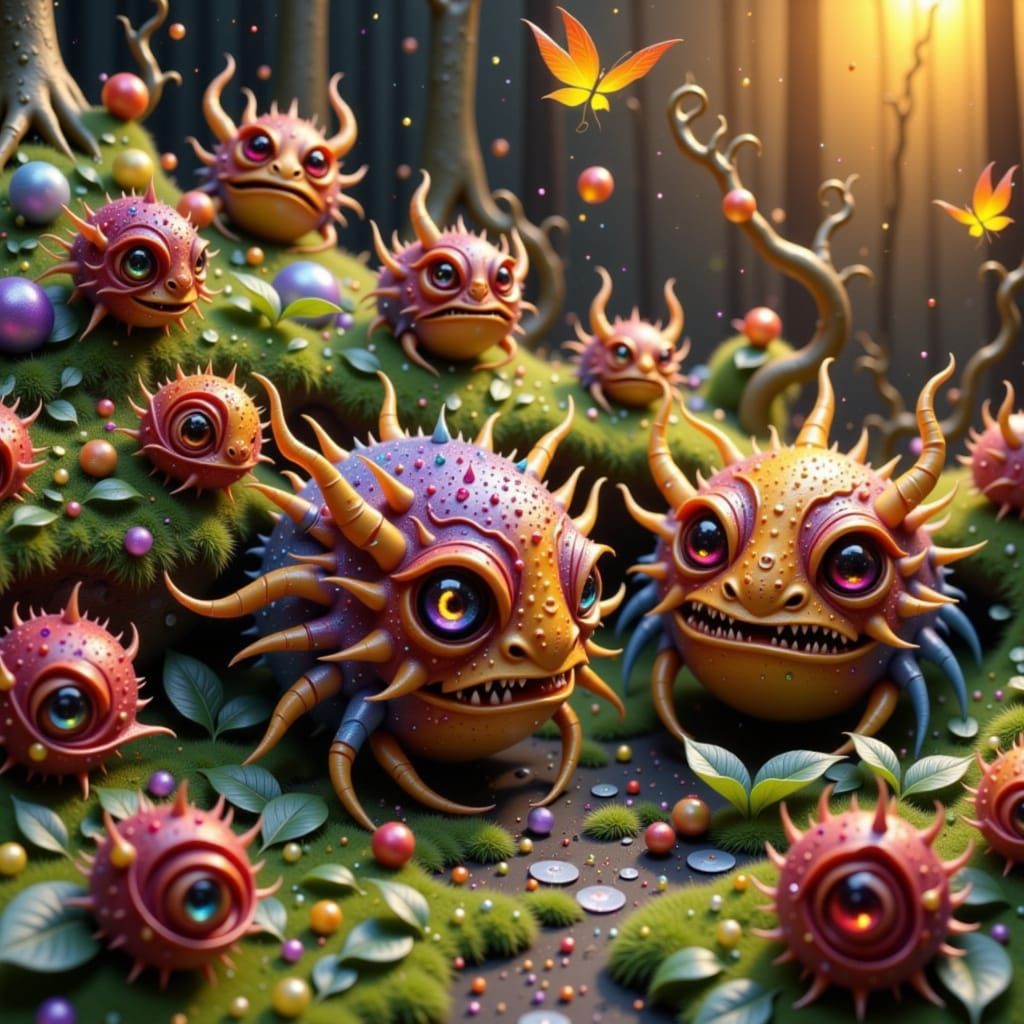 Mystical Fae Creatures in Dark Forest, Whimsical Art