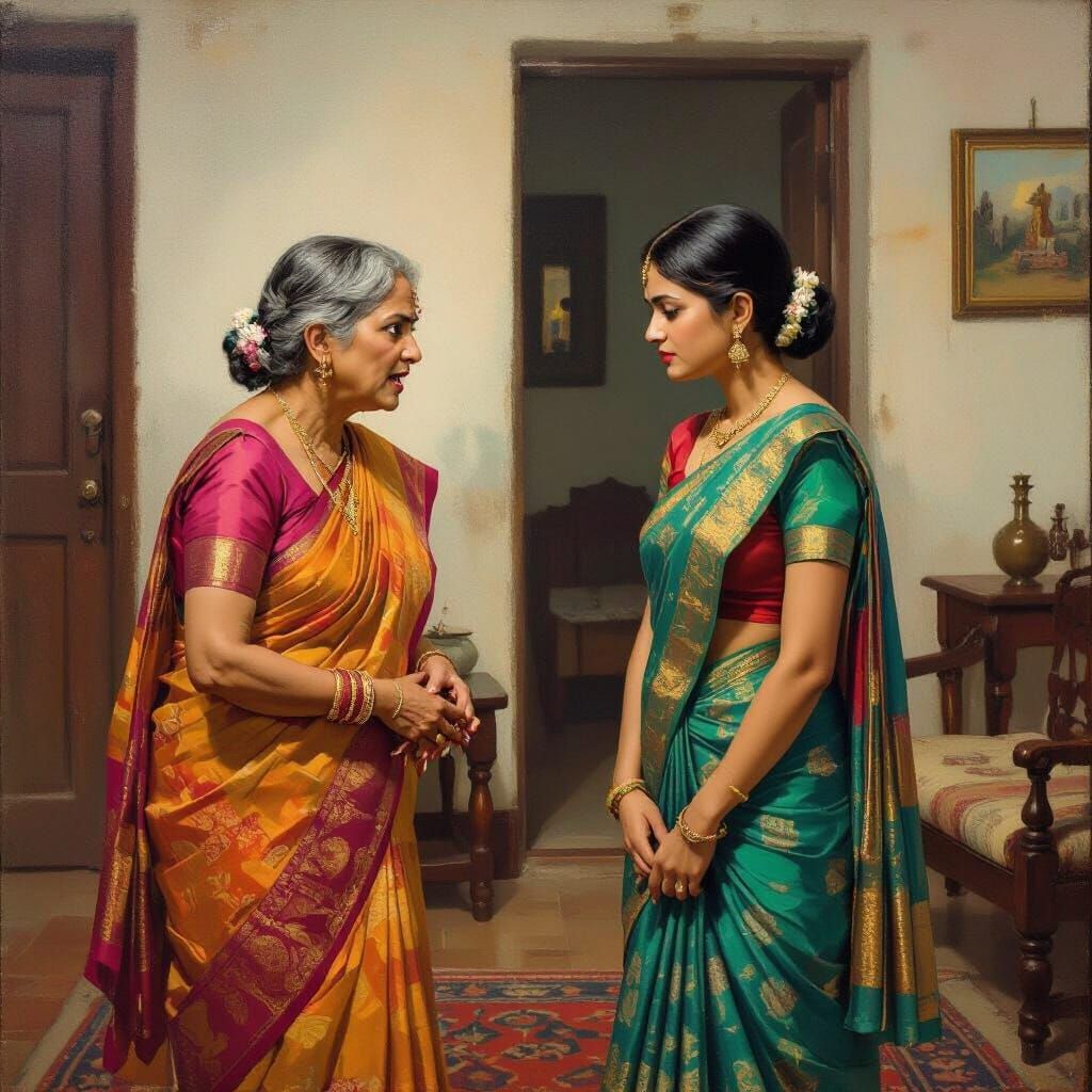 Indian Family Scene: Mother-in-Law Scolding Daughter