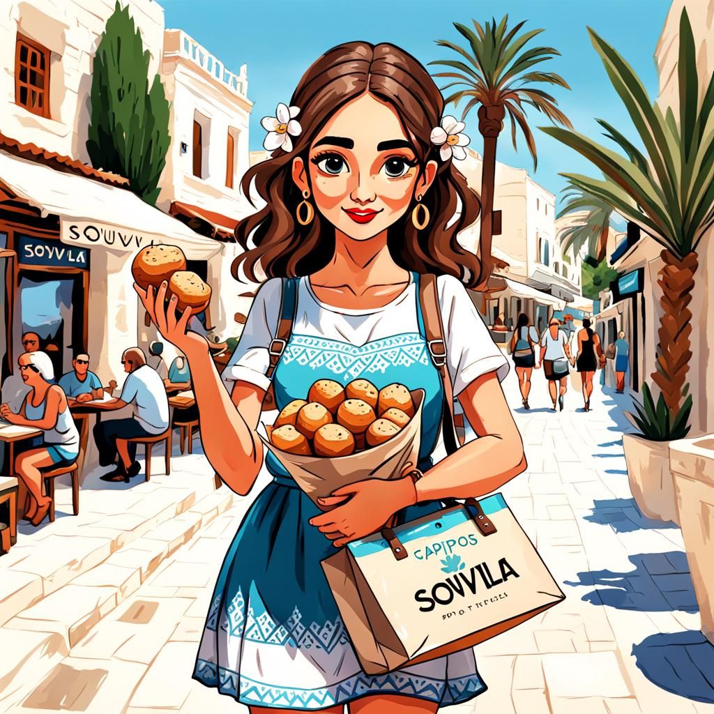 Cute Cypriot Girl Enjoying Paphos City Illustration