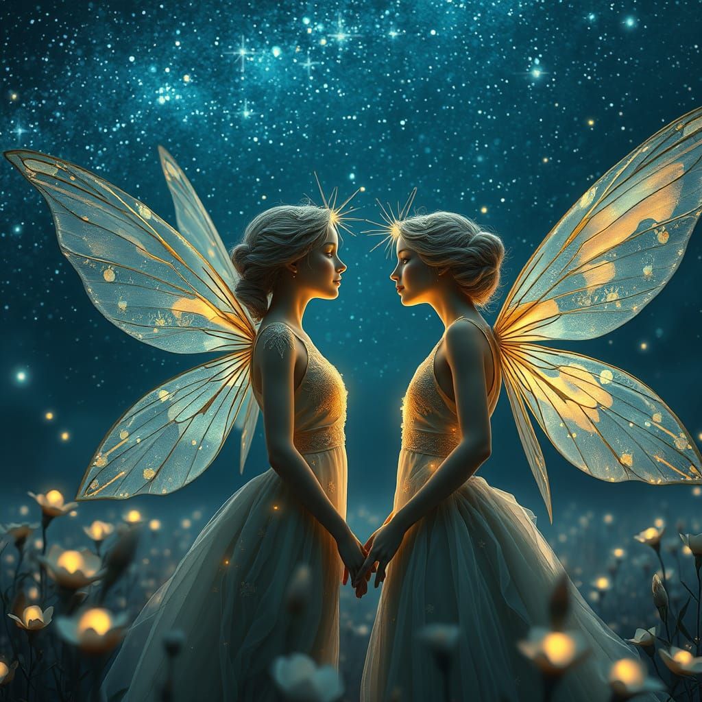 Ethereal Fairies Under Starry Night Sky in Cyberpunk-Inspire...
