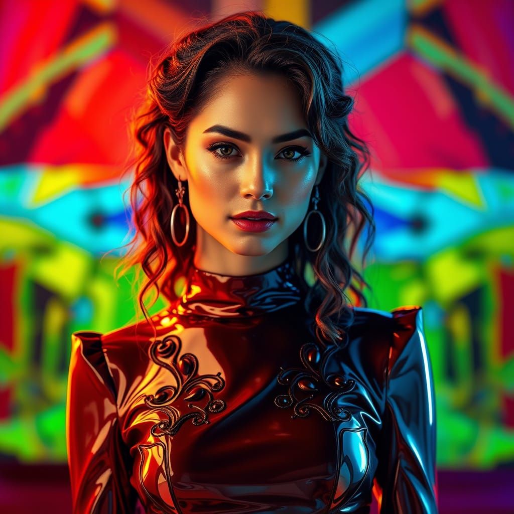 Woman in Mondrian Latex Dress with Vibrant Lighting