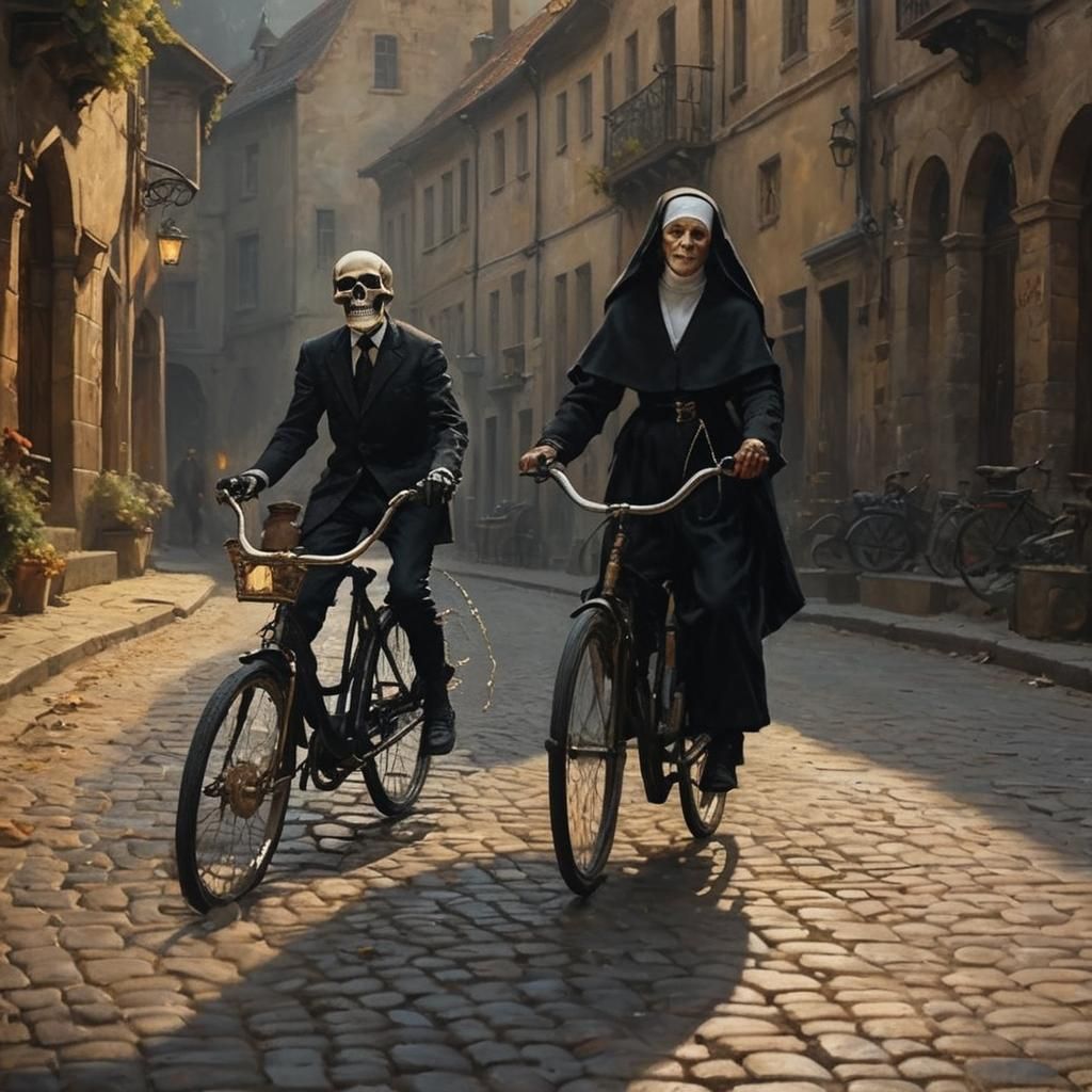 Nun and Skeleton Ride Bicycles in Baroque Oil Painting