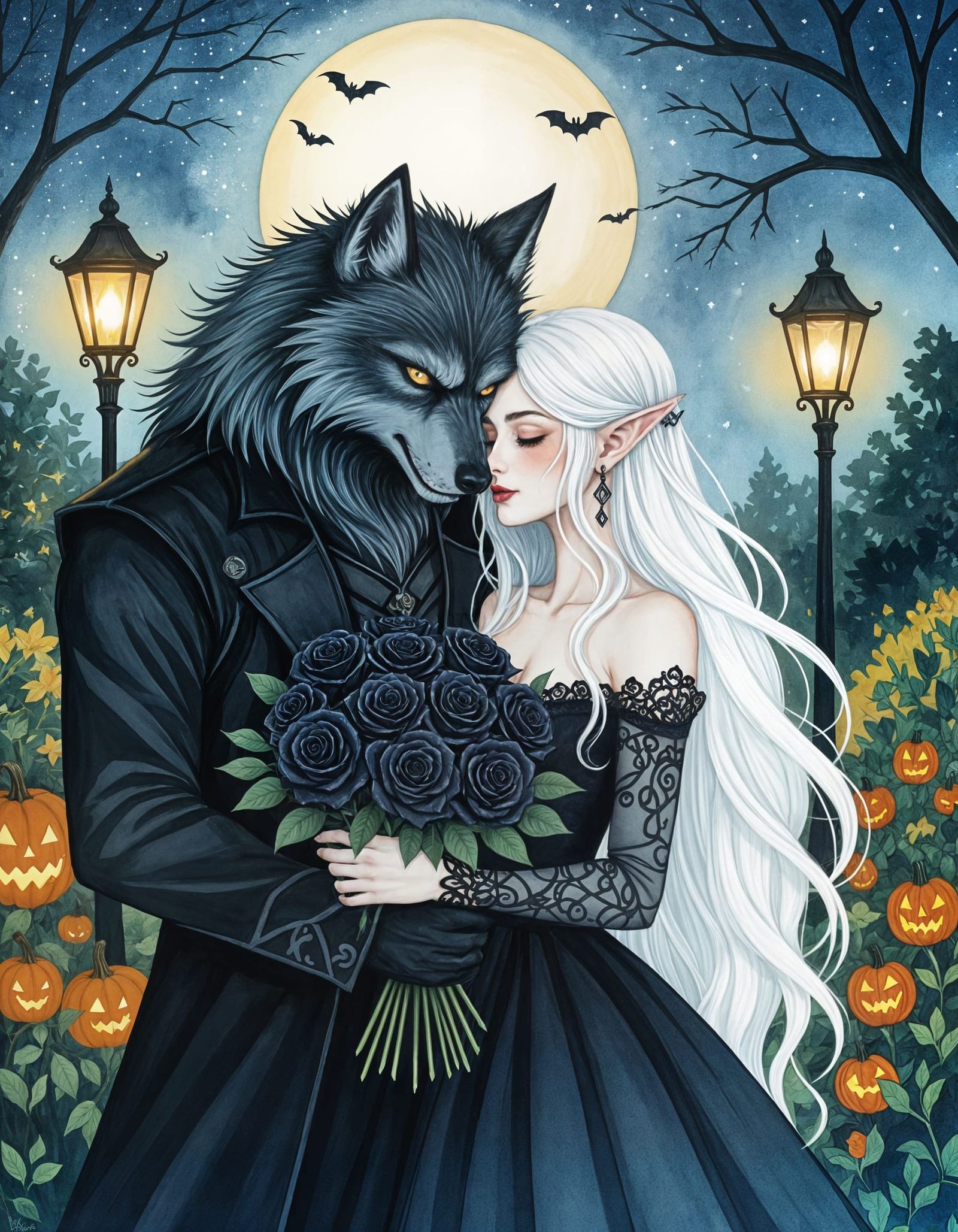 Werewolf and Elf Embrace Amidst Halloween Garden