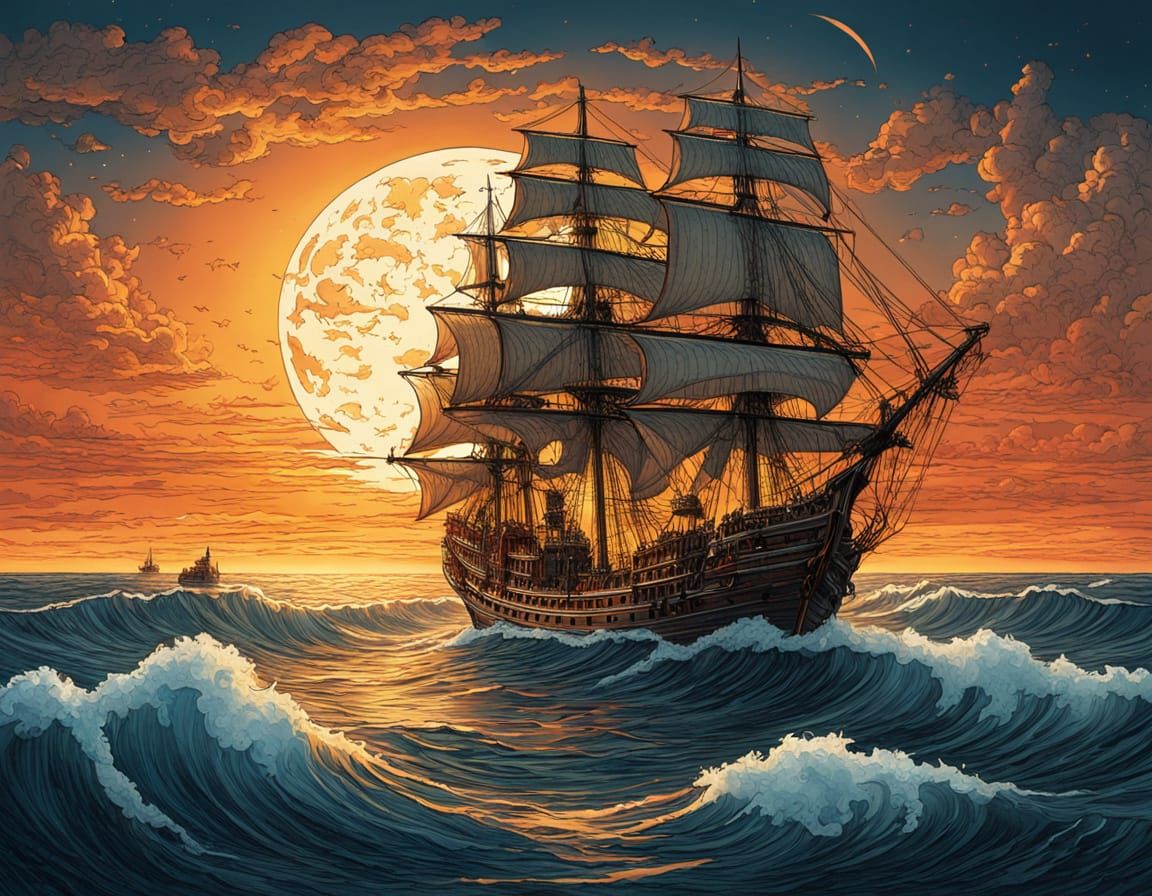Majestic Ship on Vast Ocean at Sunset Digital Illustration