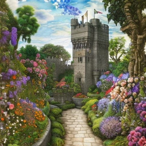 Castle Flower Garden with Iridescent Clouds