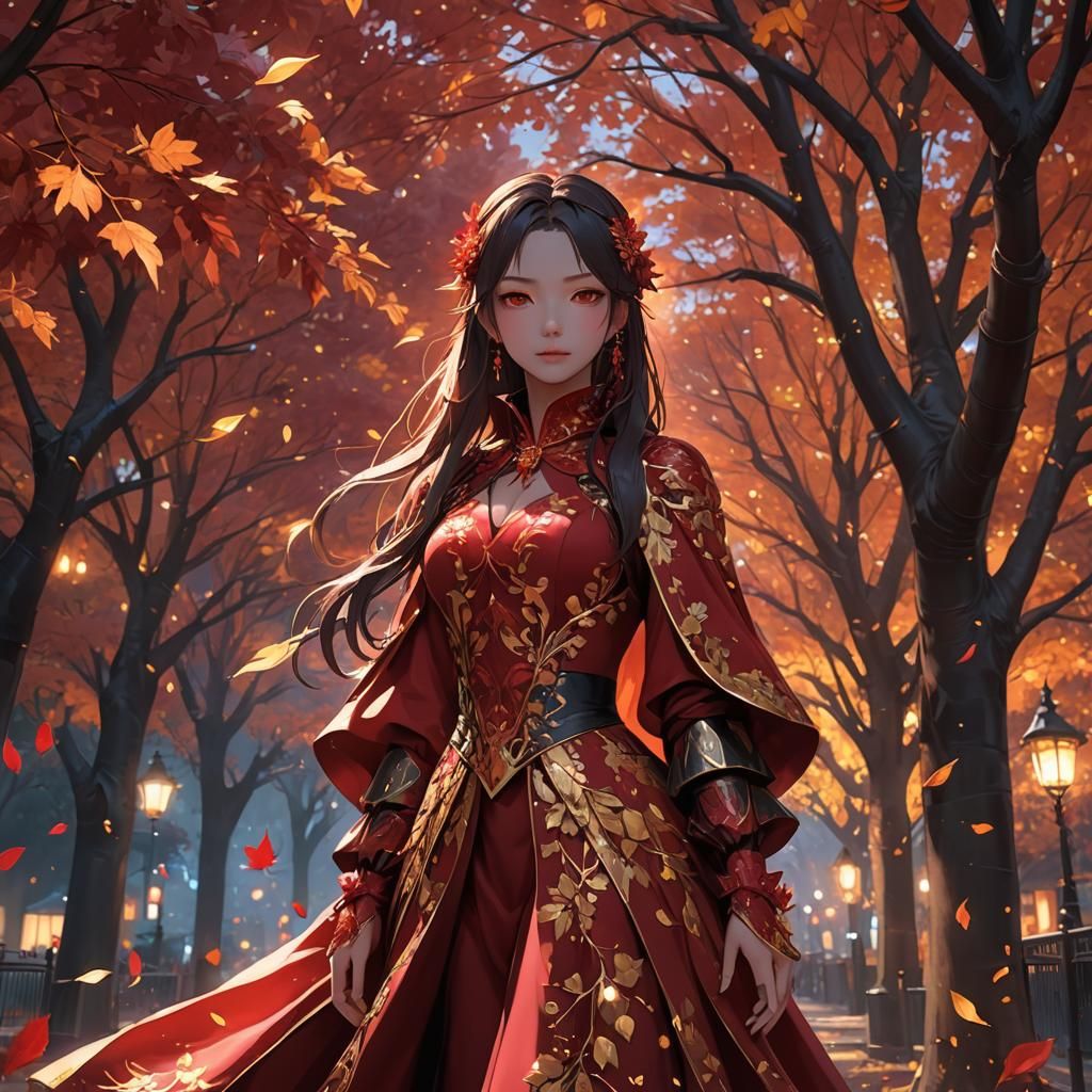 Girl in Ruby Gown Under Autumn Leaves at Night