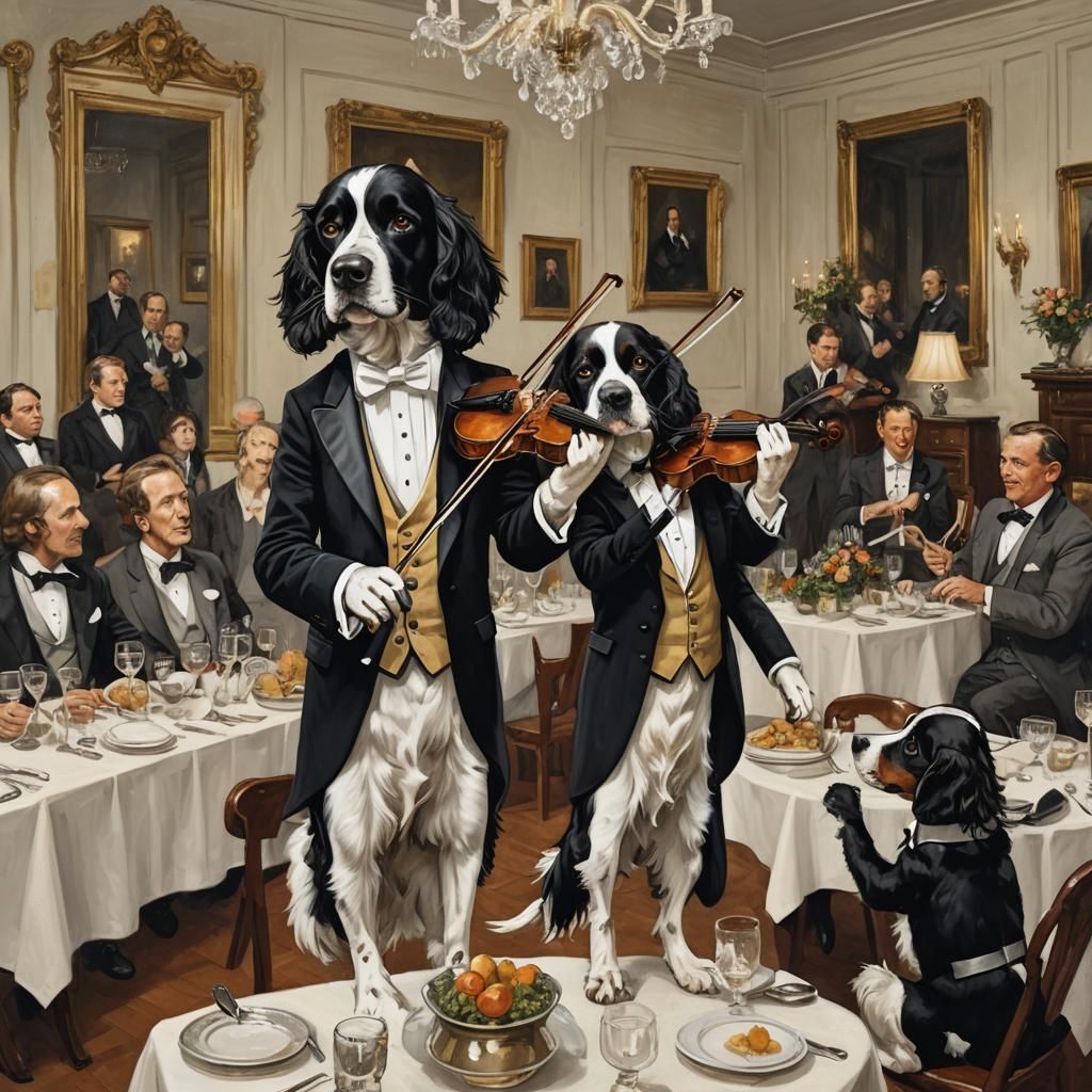 Anthropomorphic Springer Spaniel Violinist at Dinner Party