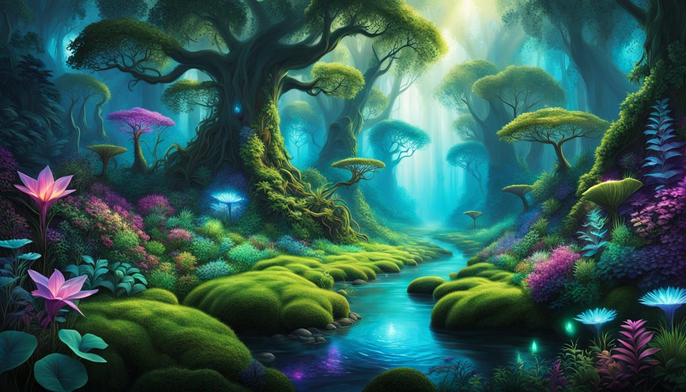 Bioluminescent Jungle River in Ethereal Concept Art Style