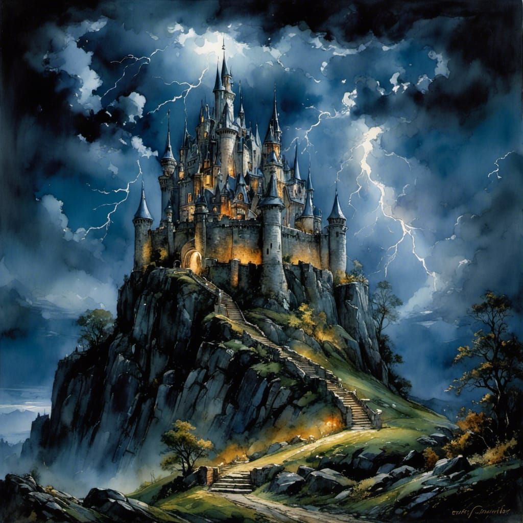 Haunted Castle Under Lightning Sky in Gothic Style