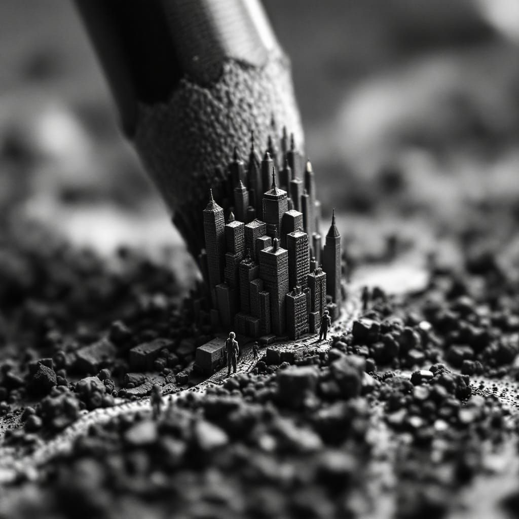Pencil Tip Cityscape: Hyperrealistic Macro Transformation