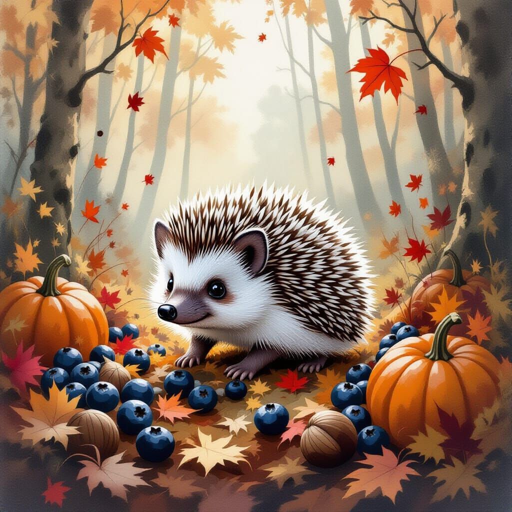 Hedgehog in Autumn Forest Pencil Sketch with Ink Painting El...