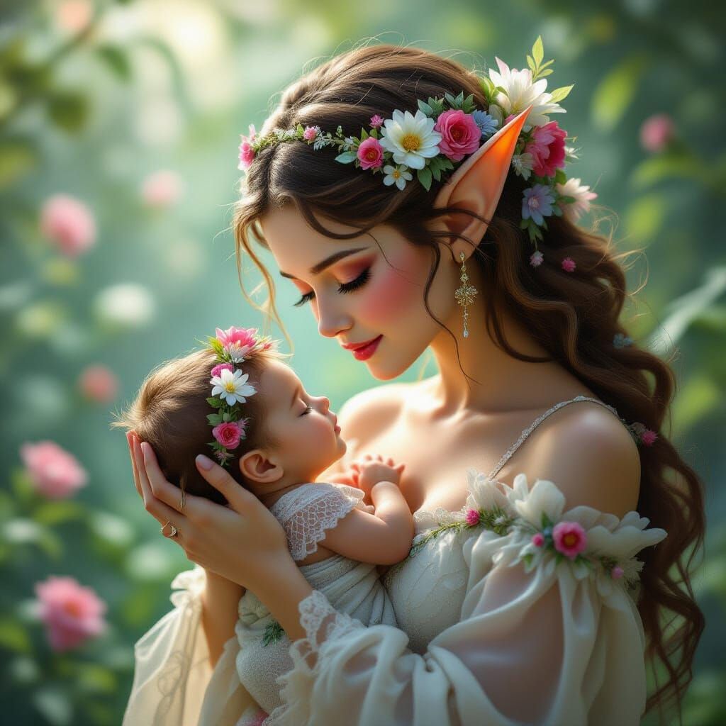 Enchanting Flower Elf Gazes at Newborn in Dreamlike Scene