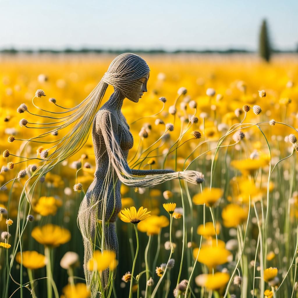 Flower Stem Woman Figure in a Breezy Field