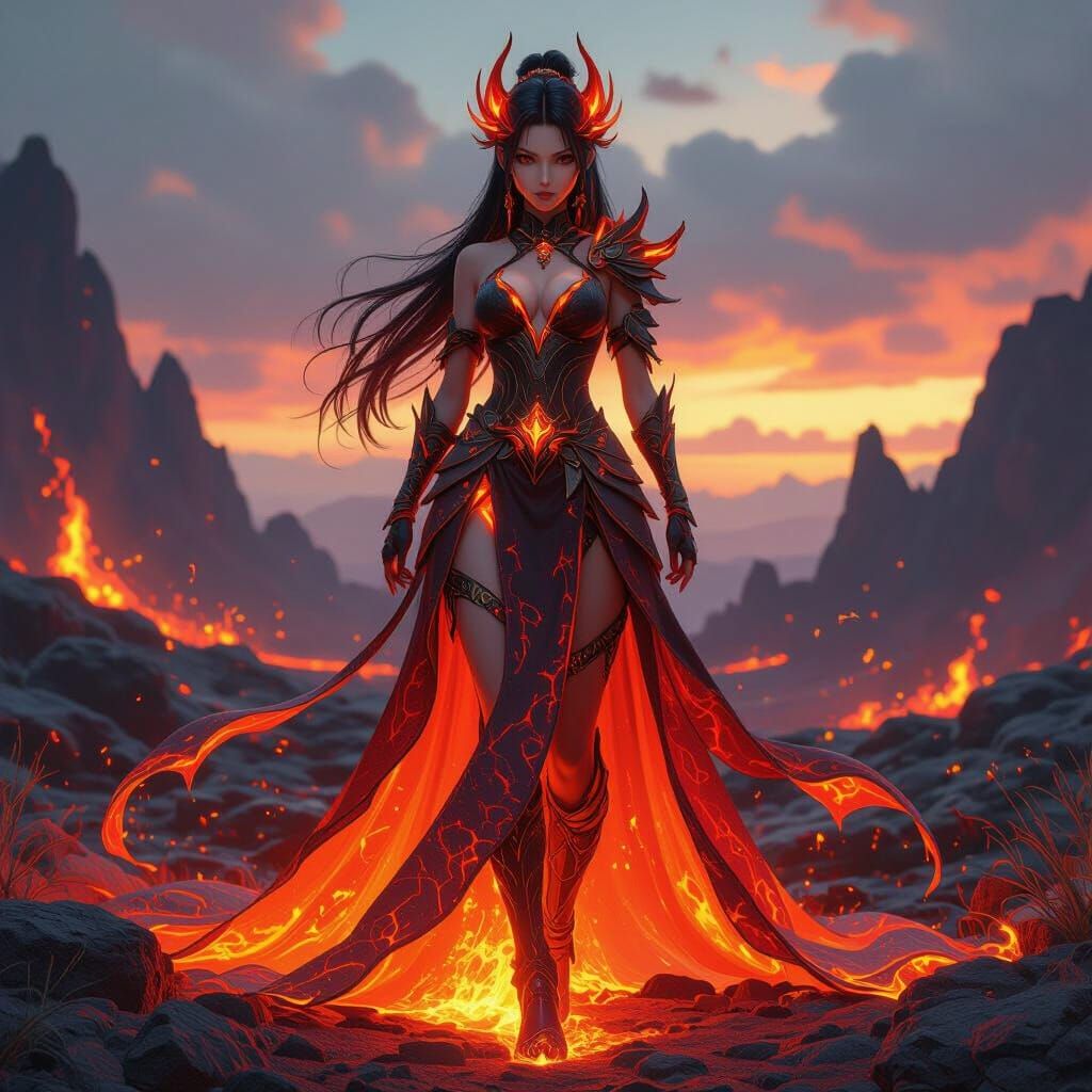 Lava Goddess in Fiery Anime Style Landscape