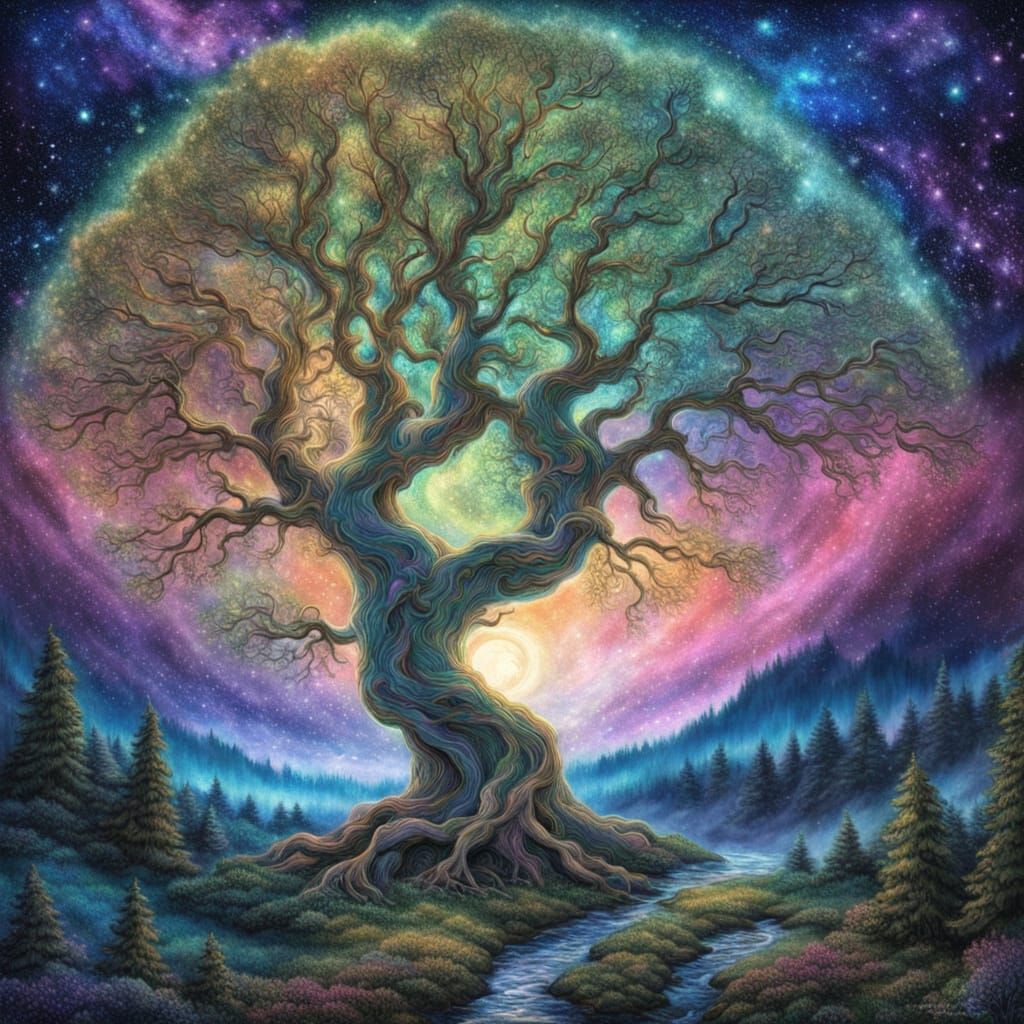 Magical Forest Trees Embrace Starry Aurora Sky