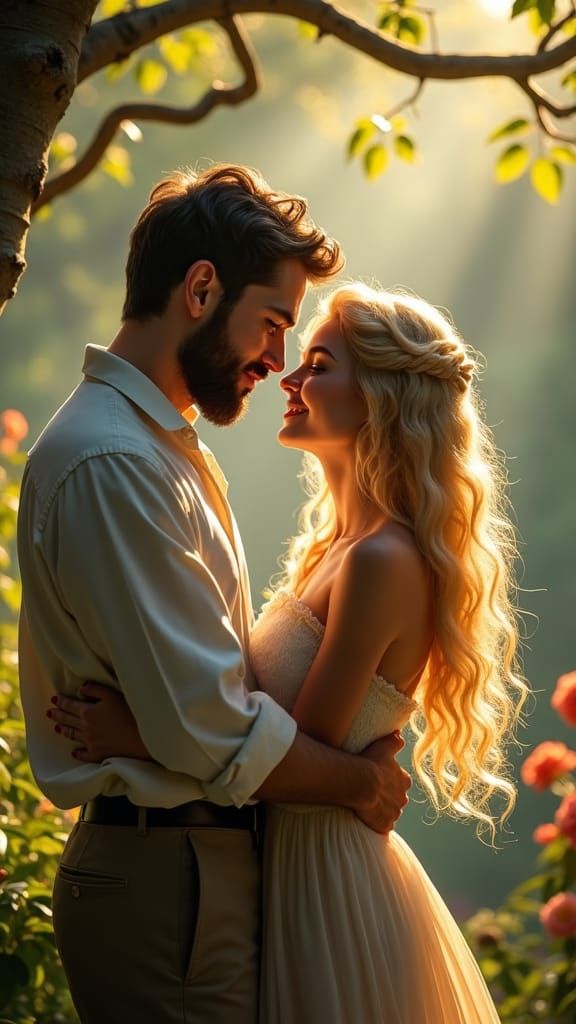 Loving Couple in Sunlit Garden: Digital Art