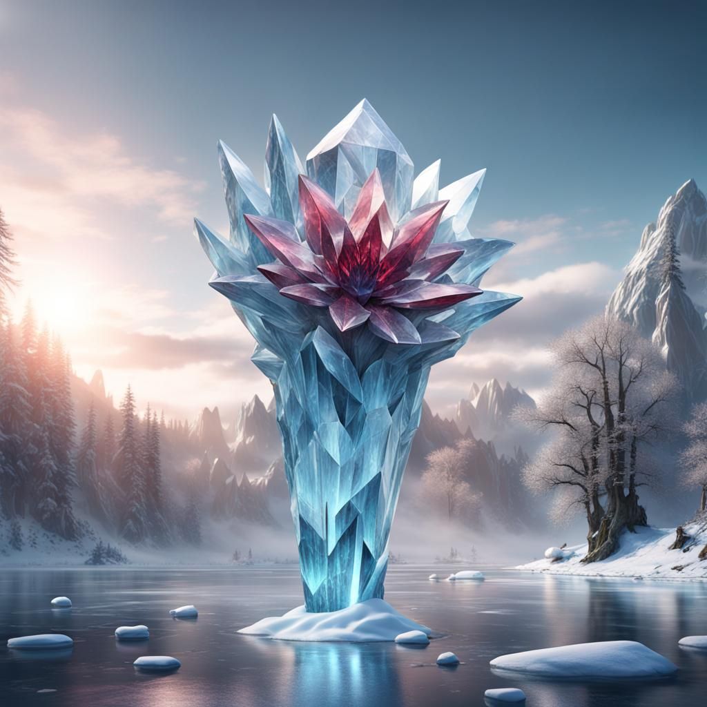Giant Crystal Flower on Frozen River in Fantasy Art