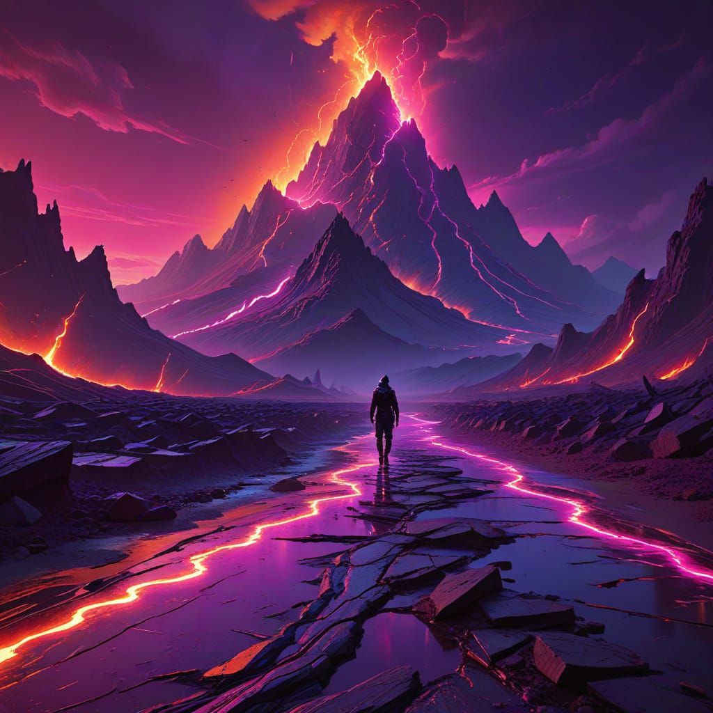 Fiery Landscape with Lone Figure in Synthwave Art Deco Style