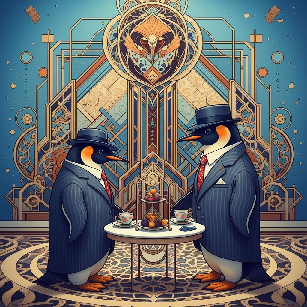 Penguin Tea Party in Cubist Art Deco Style