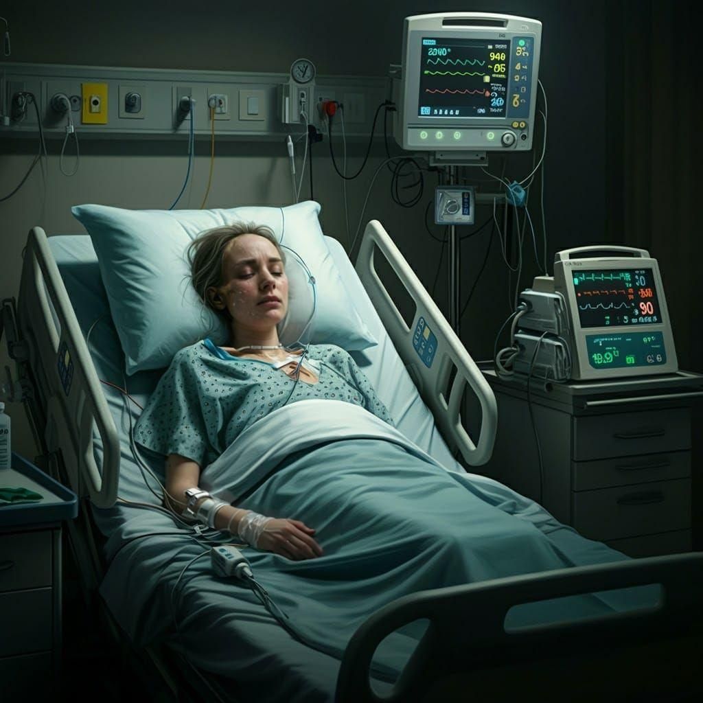 Young Woman in Hospital ICU Bed