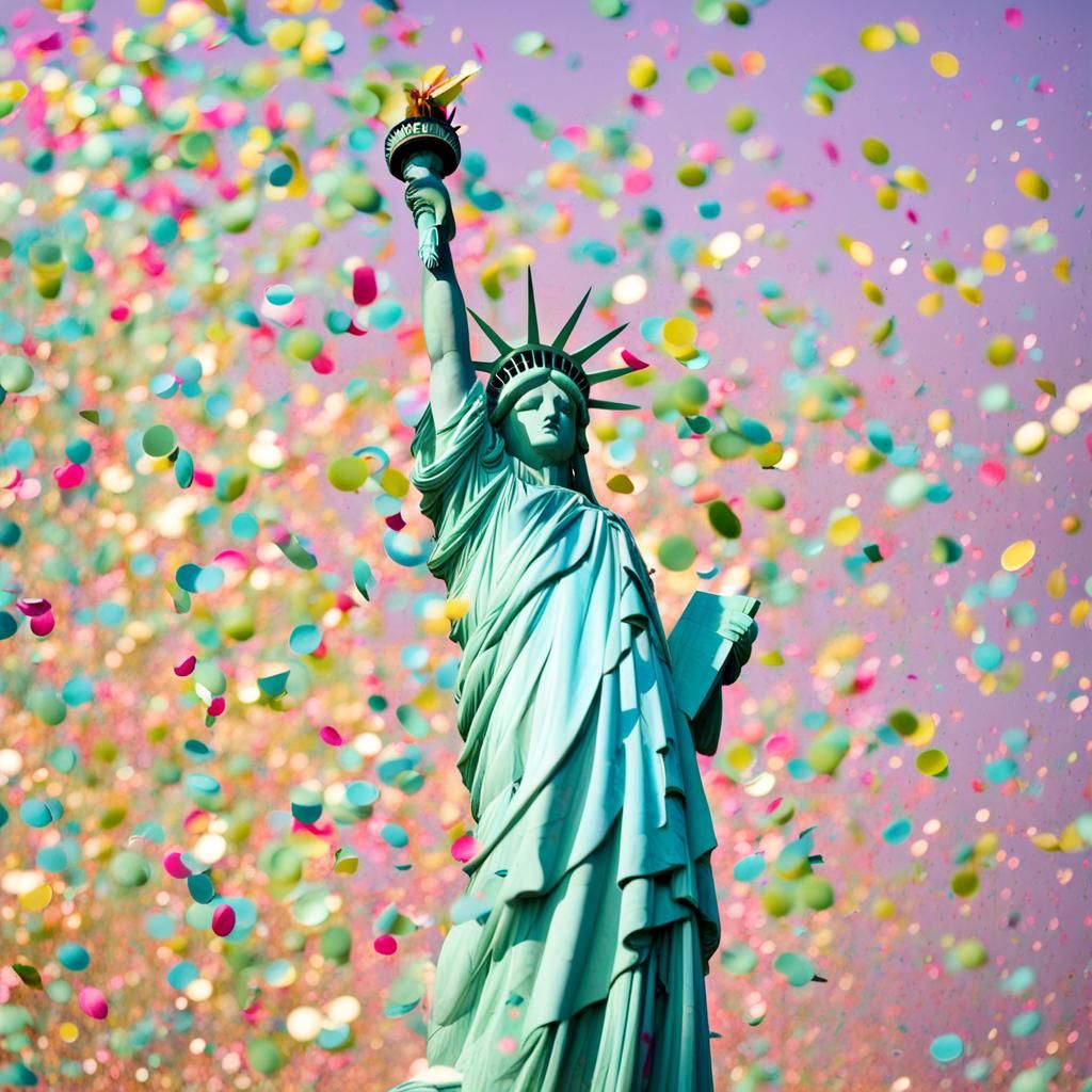 Laughing Statue of Liberty in Confetti Rain