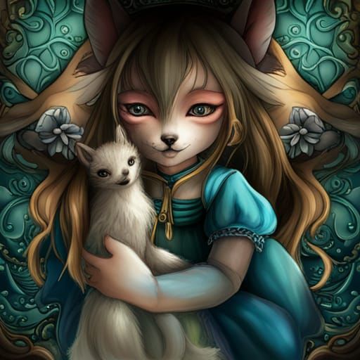 Adorable Wolf Girl with Striped Tail: Digital Art