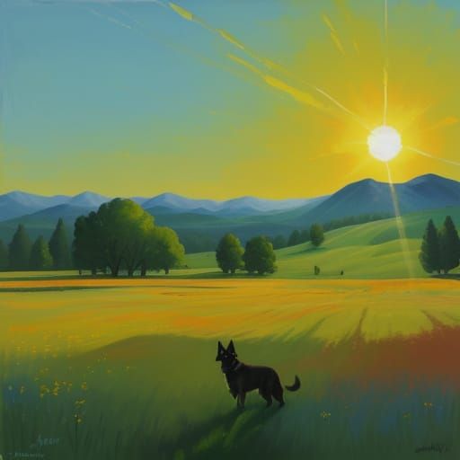 German Shepherd in Sunlit Meadow Gouache Painting