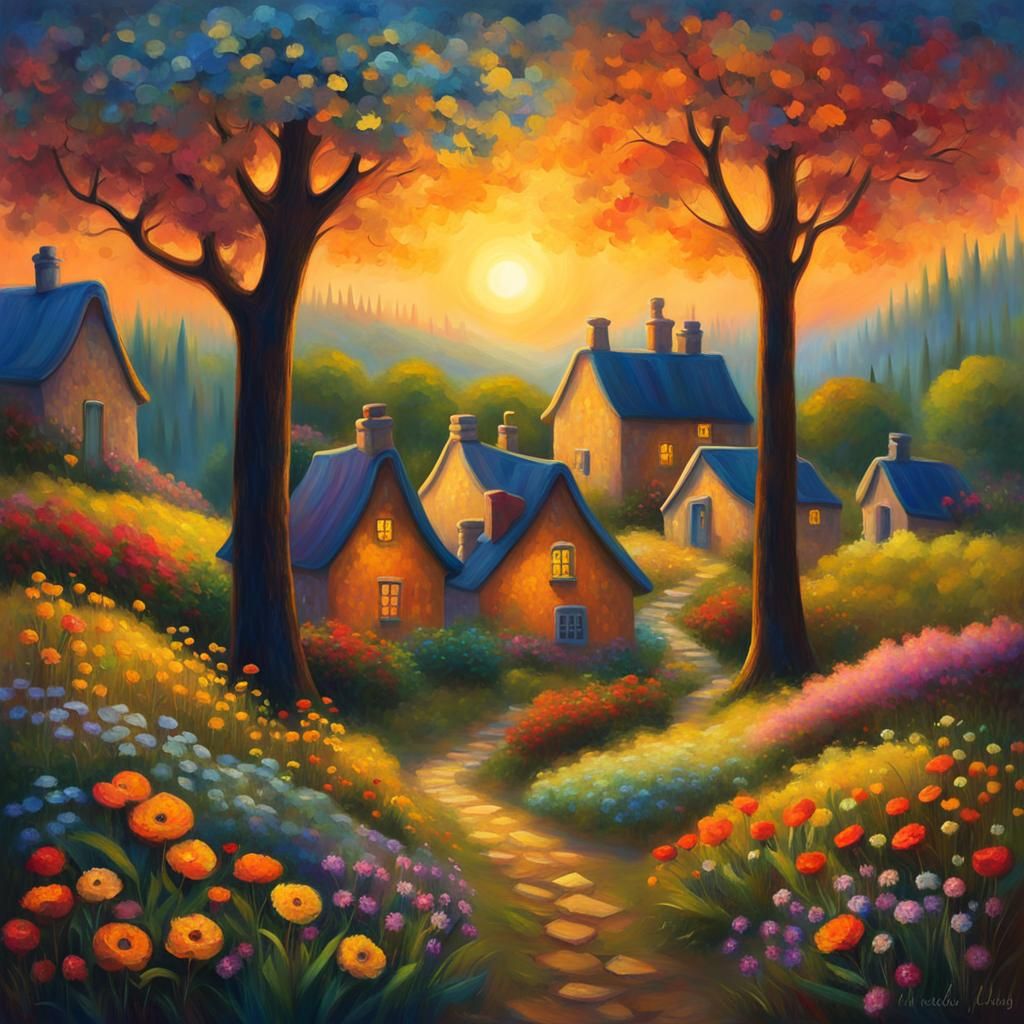 Enchanting Village Sunset: Impressionist Digital Oil Paintin...