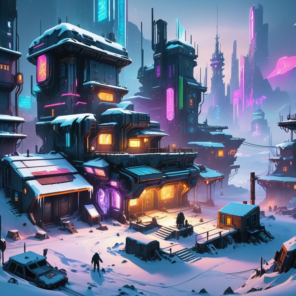 Steampunk Outpost Glows in the Frozen Tundra Cyberpunk Style